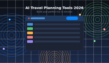 Featured hero graphic for Lexica Routes titled AI Travel Planning Tools 2026: Build your perfect trip in minutes, presenting an abstract minimalist illustration of an online browser interface containing five colour-coded horizontal menu lines over a white grid-lined dark blue background surrounded by blue, yellow, and green concentric radar wave circles.