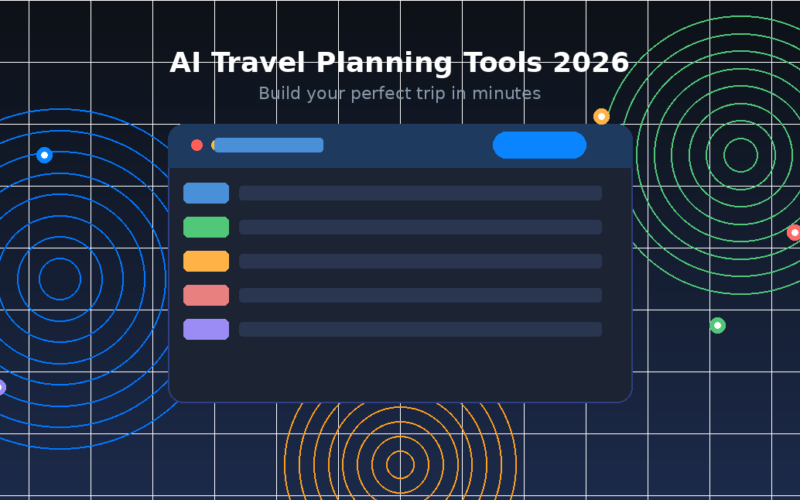 Featured hero graphic for Lexica Routes titled AI Travel Planning Tools 2026: Build your perfect trip in minutes, presenting an abstract minimalist illustration of an online browser interface containing five colour-coded horizontal menu lines over a white grid-lined dark blue background surrounded by blue, yellow, and green concentric radar wave circles.