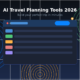 Featured hero graphic for Lexica Routes titled AI Travel Planning Tools 2026: Build your perfect trip in minutes, presenting an abstract minimalist illustration of an online browser interface containing five colour-coded horizontal menu lines over a white grid-lined dark blue background surrounded by blue, yellow, and green concentric radar wave circles.