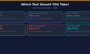 Infographic decision guide for Lexica Routes titled Which Test Should YOU Take? Quick Decision Guide 2026, presenting six blue and dark-toned card tiles comparing IELTS and TOEFL based on geographic goals and format preferences: advising IELTS for the UK, Canada and Australia, or for face-to-face speaking preferences, and advising TOEFL for a shorter 90-minute test day or computer-focused tasks.