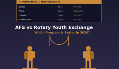 A featured promotional banner titled AFS vs Rotary Youth Exchange: Which Program Is Better in 2026? on GrabbedDeals.com, displaying an international departures board listing flights to Berlin, Tokyo, Toronto, and Buenos Aires above a minimalist vector illustration of two student figures with luggage standing in an airport terminal.