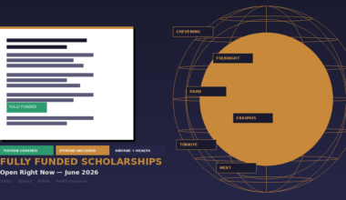 A featured promotional banner titled Fully Funded Scholarships Open Right Now — June 2026, showing a stylized document marked "Fully Funded" with tags for tuition, stipend, and airfare alongside a wireframe global sphere pointing to major international awards including Chevening, Fulbright, DAAD, Erasmus, Türkiye, and MEXT.