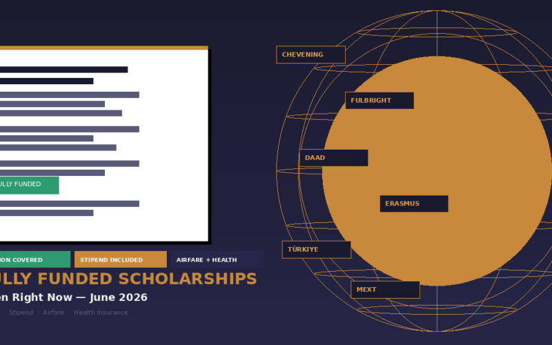 A featured promotional banner titled Fully Funded Scholarships Open Right Now — June 2026, showing a stylized document marked "Fully Funded" with tags for tuition, stipend, and airfare alongside a wireframe global sphere pointing to major international awards including Chevening, Fulbright, DAAD, Erasmus, Türkiye, and MEXT.