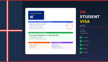 A featured promotional banner titled UK STUDENT VISA 2026: Complete Step-by-Step Application Guide on LexicaRoutes.online, displaying an application dashboard layout showing a valid passport icon, a verified University of London CAS letter for BSc Computer Science, a bank statement showing an account balance of £28,450.00, an IELTS UKVI overall band score of 6.5, a clear TB test certificate, and a 5-point processing checklist.