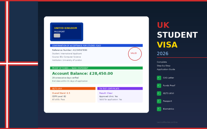A featured promotional banner titled UK STUDENT VISA 2026: Complete Step-by-Step Application Guide on LexicaRoutes.online, displaying an application dashboard layout showing a valid passport icon, a verified University of London CAS letter for BSc Computer Science, a bank statement showing an account balance of £28,450.00, an IELTS UKVI overall band score of 6.5, a clear TB test certificate, and a 5-point processing checklist.