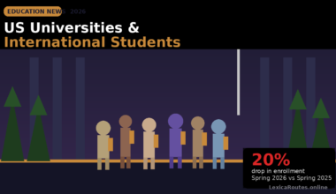 A featured news banner titled Education News 2026: US Universities & International Students on LexicaRoutes.online, displaying a minimalist vector illustration of diverse student figures holding books outside a stylized dark campus with evergreen trees, highlighting a 20% drop in enrollment for Spring 2026 versus Spring 2025.