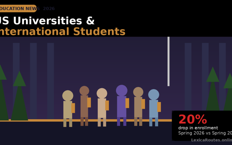 A featured news banner titled Education News 2026: US Universities & International Students on LexicaRoutes.online, displaying a minimalist vector illustration of diverse student figures holding books outside a stylized dark campus with evergreen trees, highlighting a 20% drop in enrollment for Spring 2026 versus Spring 2025.