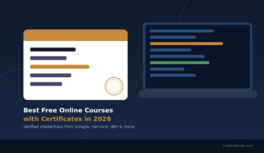 Featured hero graphic for Lexica Routes titled Best Free Online Courses with Certificates in 2026, displaying a subheadline reading Verified credentials from Google, Harvard, IBM & more. The visual design presents a white stylized certificate layout with a gold circular seal on the left and a sleek laptop screen on the right showing multi-colored horizontal code line markers in gold, green, and blue against a dark blue grid background.