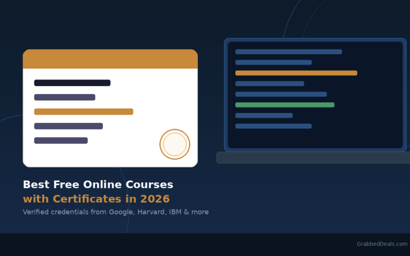 Featured hero graphic for Lexica Routes titled Best Free Online Courses with Certificates in 2026, displaying a subheadline reading Verified credentials from Google, Harvard, IBM & more. The visual design presents a white stylized certificate layout with a gold circular seal on the left and a sleek laptop screen on the right showing multi-colored horizontal code line markers in gold, green, and blue against a dark blue grid background.
