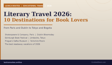 A featured promotional banner titled Literary Travel 2026: 10 Destinations for Book Lovers on lexicaroutes.online, listing global destinations including Shakespeare and Company in Paris, Dublin Bloomsday, Edinburgh Book Festival, Jimbocho in Tokyo, Prague's Kafka Museum, and the Yorkshire Moors.
