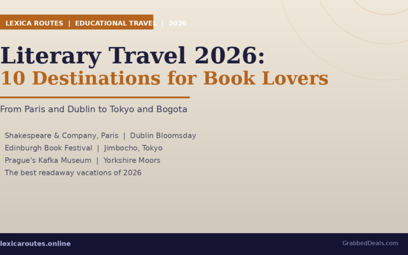 A featured promotional banner titled Literary Travel 2026: 10 Destinations for Book Lovers on lexicaroutes.online, listing global destinations including Shakespeare and Company in Paris, Dublin Bloomsday, Edinburgh Book Festival, Jimbocho in Tokyo, Prague's Kafka Museum, and the Yorkshire Moors.
