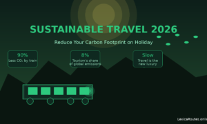 Featured image for Lexica Routes titled Sustainable Travel 2026: Reduce Your Carbon Footprint on Holiday, showcasing a minimalist green train icon against mountain silhouettes and statistics highlighting 90 percent less carbon dioxide by train and tourism's 8 percent share of global emissions.