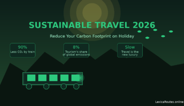 Featured image for Lexica Routes titled Sustainable Travel 2026: Reduce Your Carbon Footprint on Holiday, showcasing a minimalist green train icon against mountain silhouettes and statistics highlighting 90 percent less carbon dioxide by train and tourism's 8 percent share of global emissions.
