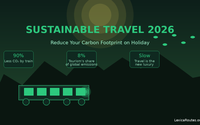 Featured image for Lexica Routes titled Sustainable Travel 2026: Reduce Your Carbon Footprint on Holiday, showcasing a minimalist green train icon against mountain silhouettes and statistics highlighting 90 percent less carbon dioxide by train and tourism's 8 percent share of global emissions.