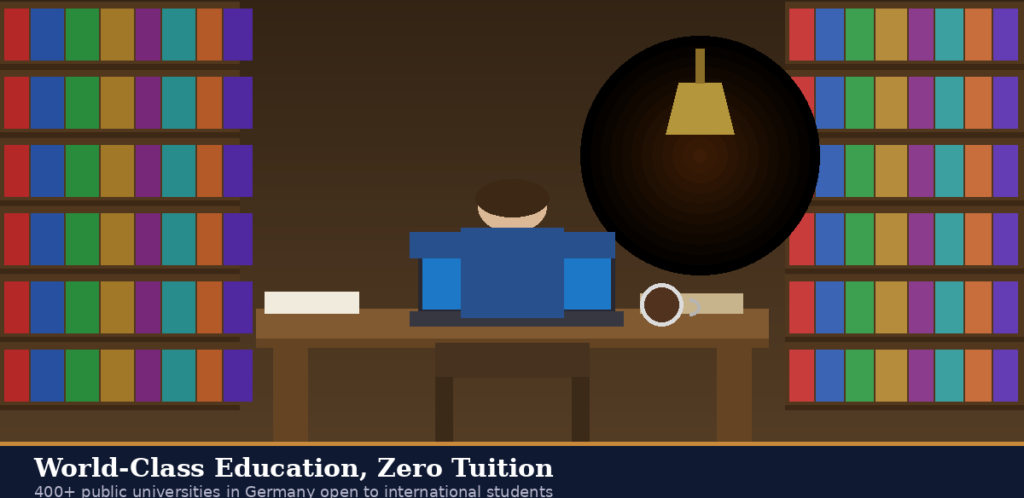 An informational study-abroad graphic titled World-Class Education, Zero Tuition: 400+ public universities in Germany open to international students on Lexica Routes, featuring a minimalist vector illustration of a student from the back studying at a library desk between two tall bookshelves filled with colorful books under a hanging lamp.