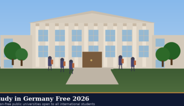 A featured promotional banner titled Study in Germany Free 2026: Tuition-free public universities open to all international students on Lexica Routes, displaying a minimalist vector illustration of a grand university campus building with pillars, surrounded by green lawns, trees, and small figures of students walking outside.
