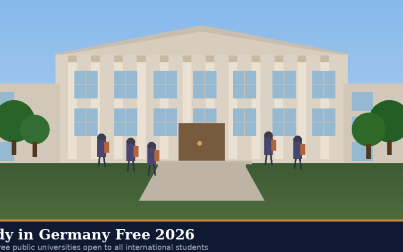 A featured promotional banner titled Study in Germany Free 2026: Tuition-free public universities open to all international students on Lexica Routes, displaying a minimalist vector illustration of a grand university campus building with pillars, surrounded by green lawns, trees, and small figures of students walking outside.