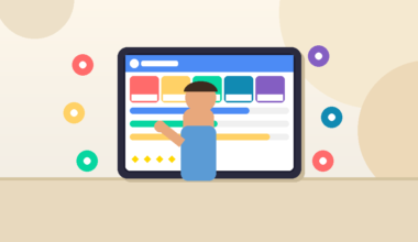 A featured promotional banner on Lexica Routes displaying a minimalist vector illustration of a small student figure interacting with a tablet screen that showcases colorful app grids, text line placeholders, and small star rating icons against a light, neutral background with abstract circles.