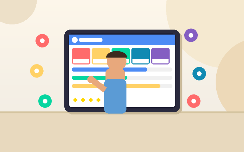 A featured promotional banner on Lexica Routes displaying a minimalist vector illustration of a small student figure interacting with a tablet screen that showcases colorful app grids, text line placeholders, and small star rating icons against a light, neutral background with abstract circles.