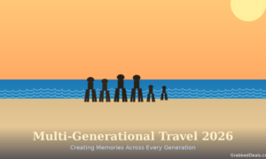 Featured hero infographic for Lexica Routes titled Multi-Generational Travel 2026: Creating Memories Across Every Generation, presenting a minimalist flat-design illustration of six stylized dark brown family silhouettes of varying heights standing on a sandy shore facing a wavy blue ocean under a prominent orange gradient sky and pale yellow sun, with a GrabbedDeals brand tag in the bottom right corner.