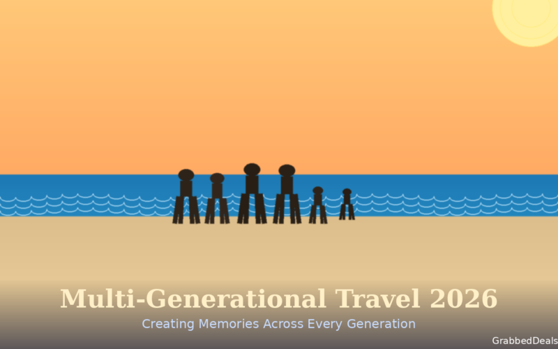 Featured hero infographic for Lexica Routes titled Multi-Generational Travel 2026: Creating Memories Across Every Generation, presenting a minimalist flat-design illustration of six stylized dark brown family silhouettes of varying heights standing on a sandy shore facing a wavy blue ocean under a prominent orange gradient sky and pale yellow sun, with a GrabbedDeals brand tag in the bottom right corner.