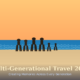 Featured hero infographic for Lexica Routes titled Multi-Generational Travel 2026: Creating Memories Across Every Generation, presenting a minimalist flat-design illustration of six stylized dark brown family silhouettes of varying heights standing on a sandy shore facing a wavy blue ocean under a prominent orange gradient sky and pale yellow sun, with a GrabbedDeals brand tag in the bottom right corner.