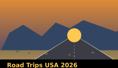 A featured promotional banner titled Road Trips USA 2026 under the subtitle 10 Underrated Routes That Beat the Classics | lexicaroutes.online. The minimalist flat vector design illustrates a two-lane asphalt highway converging at a golden sun setting on the horizon directly in front of a jagged blue mountain range. The surrounding desert floor is light tan with scattered small green shrubs, all beneath a broad orange-to-brown gradient sky.