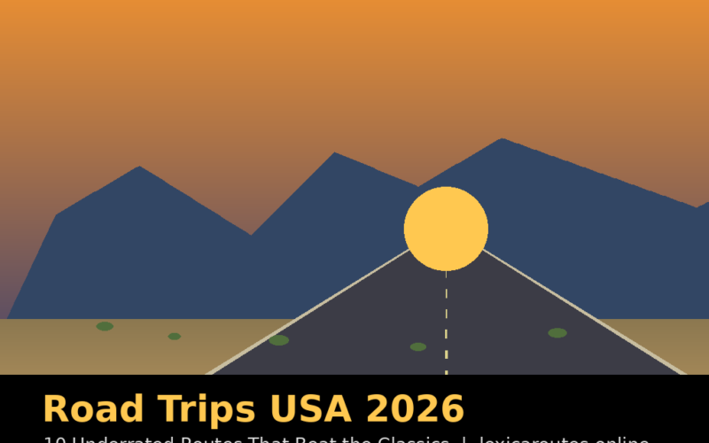 A featured promotional banner titled Road Trips USA 2026 under the subtitle 10 Underrated Routes That Beat the Classics | lexicaroutes.online. The minimalist flat vector design illustrates a two-lane asphalt highway converging at a golden sun setting on the horizon directly in front of a jagged blue mountain range. The surrounding desert floor is light tan with scattered small green shrubs, all beneath a broad orange-to-brown gradient sky.