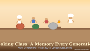 Infographic card for Lexica Routes titled Cooking Class: A Memory Every Generation, under a Multi-Generational Travel 2026 tag. The design presents a minimalist, flat-design vector illustration of five simplified family figures of different generations: including two chefs in white hats: standing behind large bowls of red, green and grey, against a warm beige background with a GrabbedDeals brand tag.