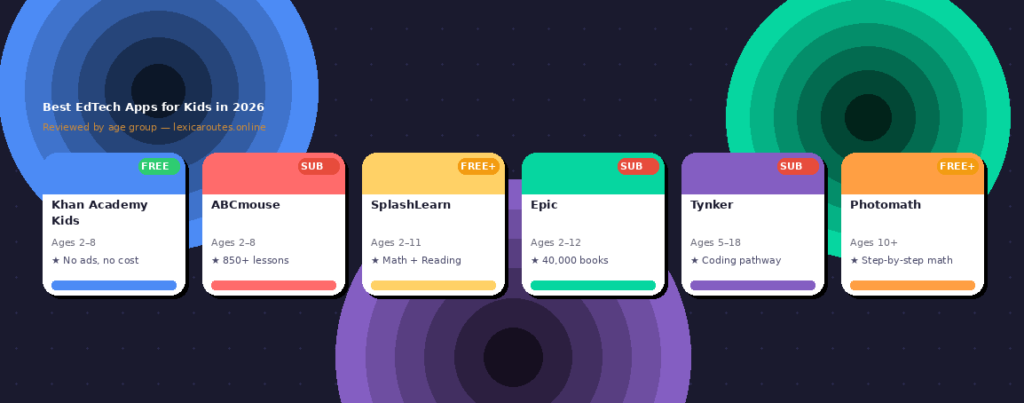 An infographic titled Best EdTech Apps for Kids in 2026 on lexicaroutes.online. presenting six elementary learning application cards: Khan Academy Kids (Free, ages 2-8), ABCmouse (Subscription, ages 2-8), SplashLearn (Free with paid options, ages 2-11), Epic (Subscription, ages 2-12), Tynker (Subscription, ages 5-18), and Photomath (Free with paid options, ages 10+).