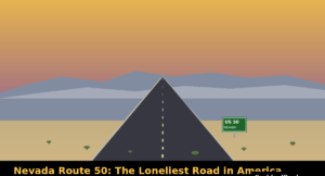An informational travel banner graphic titled Nevada Route 50: The Loneliest Road in America on Lexica Routes , subtitled One of the best underrated scenic drives USA 2026. The flat vector design showcases a long, empty two-lane asphalt highway stretching straight toward a distant mountain range horizon. The roadside features a tan desert landscape dotted with tiny green shrubs, a green highway sign reading US 50 NEVADA, and an expansive orange-to-tan gradient sky.