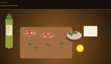 An informational food travel graphic titled Culinary Tourism 2026: Crete – European Region of Gastronomy 2026 on Lexica Routes, displaying a vector illustration of a bottle of extra virgin olive oil, traditional Greek dakos rusks topped with tomatoes and feta cheese, wild greens, a block of feta, and a sliced lemon on a wooden serving board.