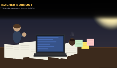 Featured image for Lexica Routes titled Teacher Burnout, stating that 53 percent of educators report burnout in 2026, featuring a stylized illustration of an exhausted teacher at a desk covered in papers and sticky notes with a laptop and a steaming cup of coffee in a dark room.