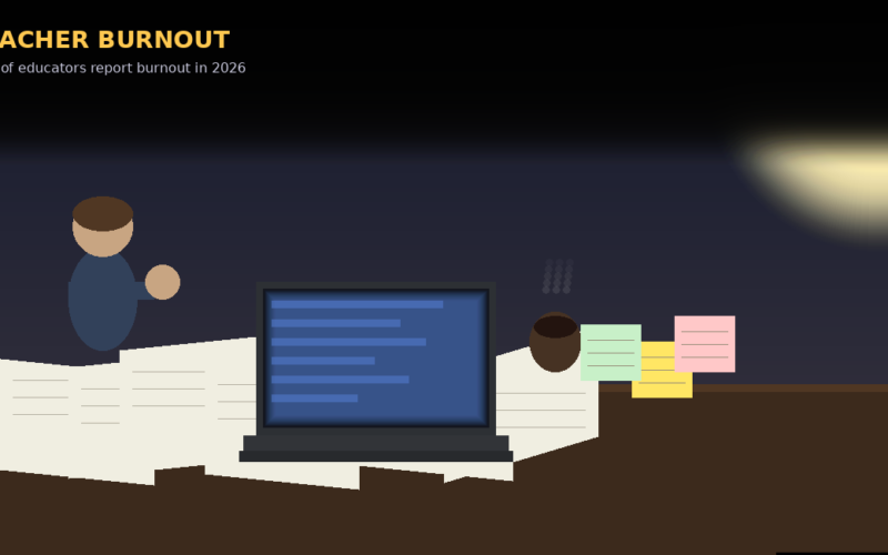 Featured image for Lexica Routes titled Teacher Burnout, stating that 53 percent of educators report burnout in 2026, featuring a stylized illustration of an exhausted teacher at a desk covered in papers and sticky notes with a laptop and a steaming cup of coffee in a dark room.