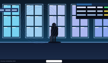 Featured infographic for Lexica Routes titled Gap Year Funding Scholarships 2026, showcasing a minimalist dark blue airport terminal layout with a dark silhouette of a student carrying a backpack looking out of large grid windows, accented by thin blue concentric circles and a flight information schedule board on the top right.
