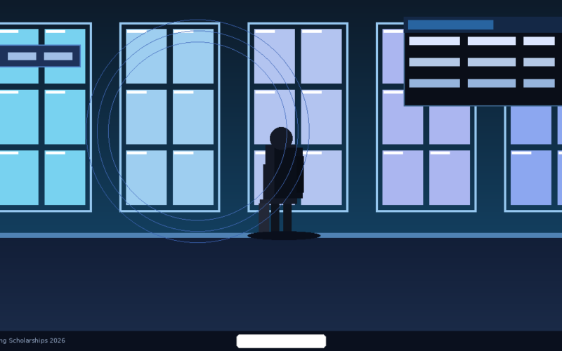 Featured infographic for Lexica Routes titled Gap Year Funding Scholarships 2026, showcasing a minimalist dark blue airport terminal layout with a dark silhouette of a student carrying a backpack looking out of large grid windows, accented by thin blue concentric circles and a flight information schedule board on the top right.