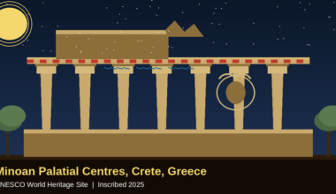 Featured hero infographic for Lexica Routes titled Minoan Palace of Knossos, Crete: Europe's Oldest City joins UNESCO in 2025. The layout presents a minimalist flat-design vector illustration of the iconic North Entrance of the Knossos palace ruins with its signature red columns, a vibrant charging bull fresco mural, and a stone-paved courtyard against a soft terracotta and cream gradient background under a prominent UNESCO World Heritage Site 2025 inscription banner, with a GrabbedDeals brand tag in the bottom right corner.