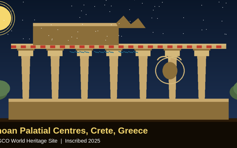 Featured hero infographic for Lexica Routes titled Minoan Palace of Knossos, Crete: Europe's Oldest City joins UNESCO in 2025. The layout presents a minimalist flat-design vector illustration of the iconic North Entrance of the Knossos palace ruins with its signature red columns, a vibrant charging bull fresco mural, and a stone-paved courtyard against a soft terracotta and cream gradient background under a prominent UNESCO World Heritage Site 2025 inscription banner, with a GrabbedDeals brand tag in the bottom right corner.