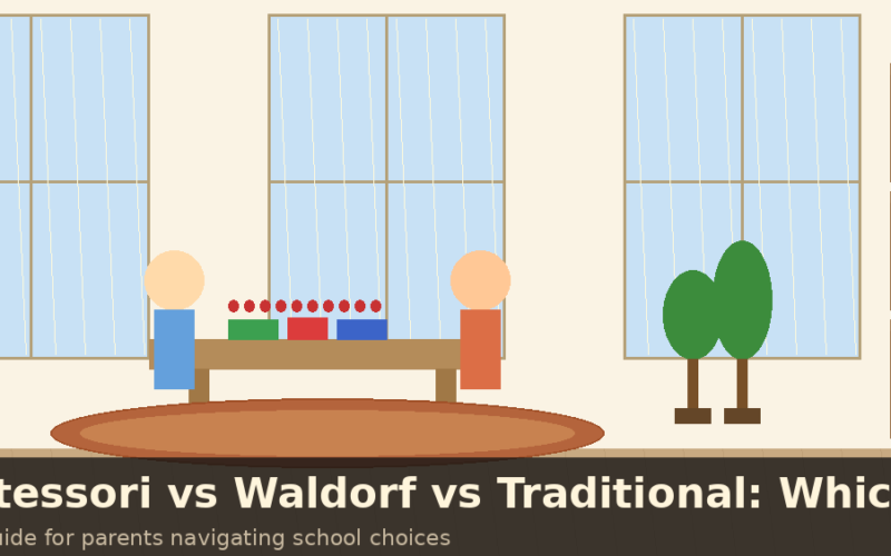 A featured image banner titled Montessori vs Waldorf vs Traditional: Which Is Best?, displaying a minimalist vector illustration of a warm classroom environment with two child figures working with hands-on learning materials at a table, a shelf of books, large windows, and an oval rug.