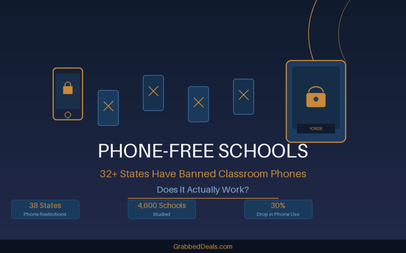 Featured hero infographic for Lexica Routes titled PHONE-FREE SCHOOLS: 32+ States Have Banned Classroom Phones, asking "Does It Actually Work?" and displaying three analytical data blocks outlining 38 states with phone restrictions, 4,600 schools studied and a 30 percent drop in phone use, with illustrations of locked mobile devices and a magnetic Yondr pouch on a dark blue background.
