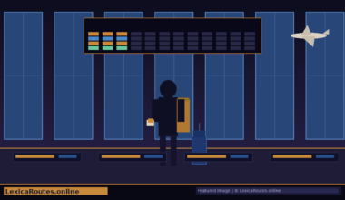 Featured hero graphic for Lexica Routes presenting a minimalist flat-design vector illustration of a student silhouette standing in an airport terminal terminal overlooking large floor-to-ceiling window panes at night, carrying a brown messenger bag, holding a passport token, and looking up at a large departure board display next to a small airplane icon taking off in the upper right.