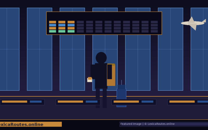 Featured hero graphic for Lexica Routes presenting a minimalist flat-design vector illustration of a student silhouette standing in an airport terminal terminal overlooking large floor-to-ceiling window panes at night, carrying a brown messenger bag, holding a passport token, and looking up at a large departure board display next to a small airplane icon taking off in the upper right.