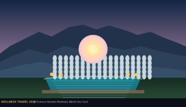 Featured hero graphic for LexicaRoutes.online titled WELLNESS TRAVEL 2026: Science-Backed Retreats Worth the Cost, displaying a large glowing circular sun with pink and yellow gradient bands centered before a minimalist dark blue mountain range. Below the sun is an array of white vertical textured cylinders resembling a thermal steam curtain, sitting in a teal mineral basin with four small orange glowing spheres, all set against a dark green base and a deep twilight sky gradient.