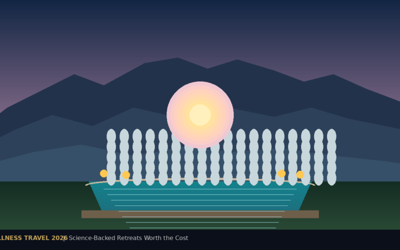 Featured hero graphic for LexicaRoutes.online titled WELLNESS TRAVEL 2026: Science-Backed Retreats Worth the Cost, displaying a large glowing circular sun with pink and yellow gradient bands centered before a minimalist dark blue mountain range. Below the sun is an array of white vertical textured cylinders resembling a thermal steam curtain, sitting in a teal mineral basin with four small orange glowing spheres, all set against a dark green base and a deep twilight sky gradient.