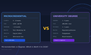 Hero infographic for Lexica Routes titled Microcredentials vs Degrees: Which Is Worth It in 2026, comparing a duration of 4 to 16 weeks versus 3 to 4 years, costs of 200 to 4,700 dollars versus over 80,000 dollars and hiring outcomes for skills based versus broad roles.