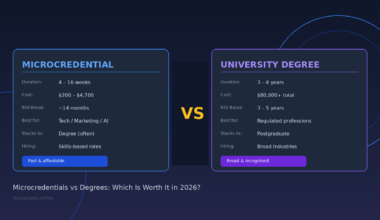 Hero infographic for Lexica Routes titled Microcredentials vs Degrees: Which Is Worth It in 2026, comparing a duration of 4 to 16 weeks versus 3 to 4 years, costs of 200 to 4,700 dollars versus over 80,000 dollars and hiring outcomes for skills based versus broad roles.