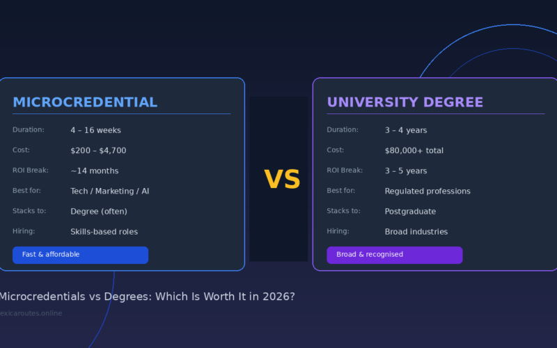Hero infographic for Lexica Routes titled Microcredentials vs Degrees: Which Is Worth It in 2026, comparing a duration of 4 to 16 weeks versus 3 to 4 years, costs of 200 to 4,700 dollars versus over 80,000 dollars and hiring outcomes for skills based versus broad roles.