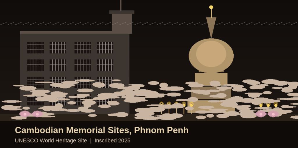 Infographic data card for Lexica Routes titled Cambodian Memorial Sites, Phnom Penh, presenting a minimalist, flat-design vector illustration of a dark grey four-storey school building structure alongside a tall traditional Buddhist memorial stupa monument surrounded by stylized decorative clouds, floating pink lotus flowers, and glowing golden ceremonial candles over a dark background, tagged as a UNESCO World Heritage Site inscribed in 2025.