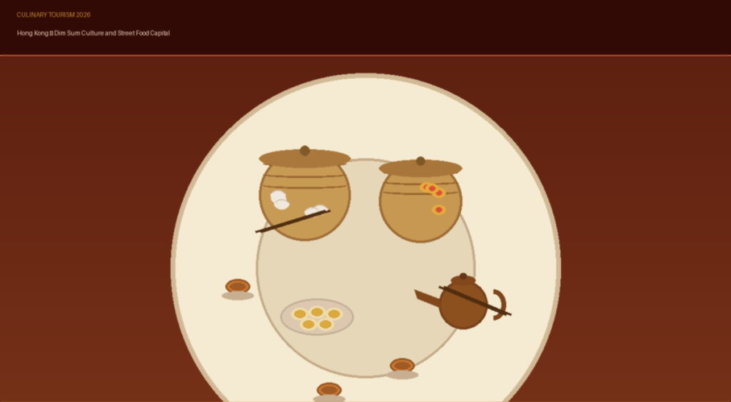 An informational culinary travel graphic titled Culinary Tourism 2026: Hong Kong – Dim Sum Culture and Street Food Capital on Lexica Routes, displaying a minimalist vector illustration of traditional dim sum baskets, small plates, a teapot, and chopsticks on a large circular dining table setting.