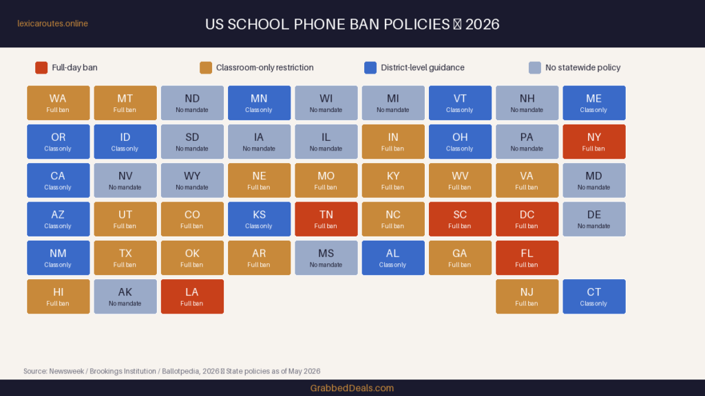 Infographic data map for Lexica Routes titled US SCHOOL PHONE BAN POLICIES ⧉ 2026, breaking down all fifty states into a grid layout based on four policy tiers: Full-day ban in red including New York, Florida and Louisiana; Classroom-only restriction in tan including Texas, Virginia and Washington; District-level guidance in blue including California, Ohio and Minnesota; and No statewide policy in grey including Pennsylvania, Michigan and Alaska.